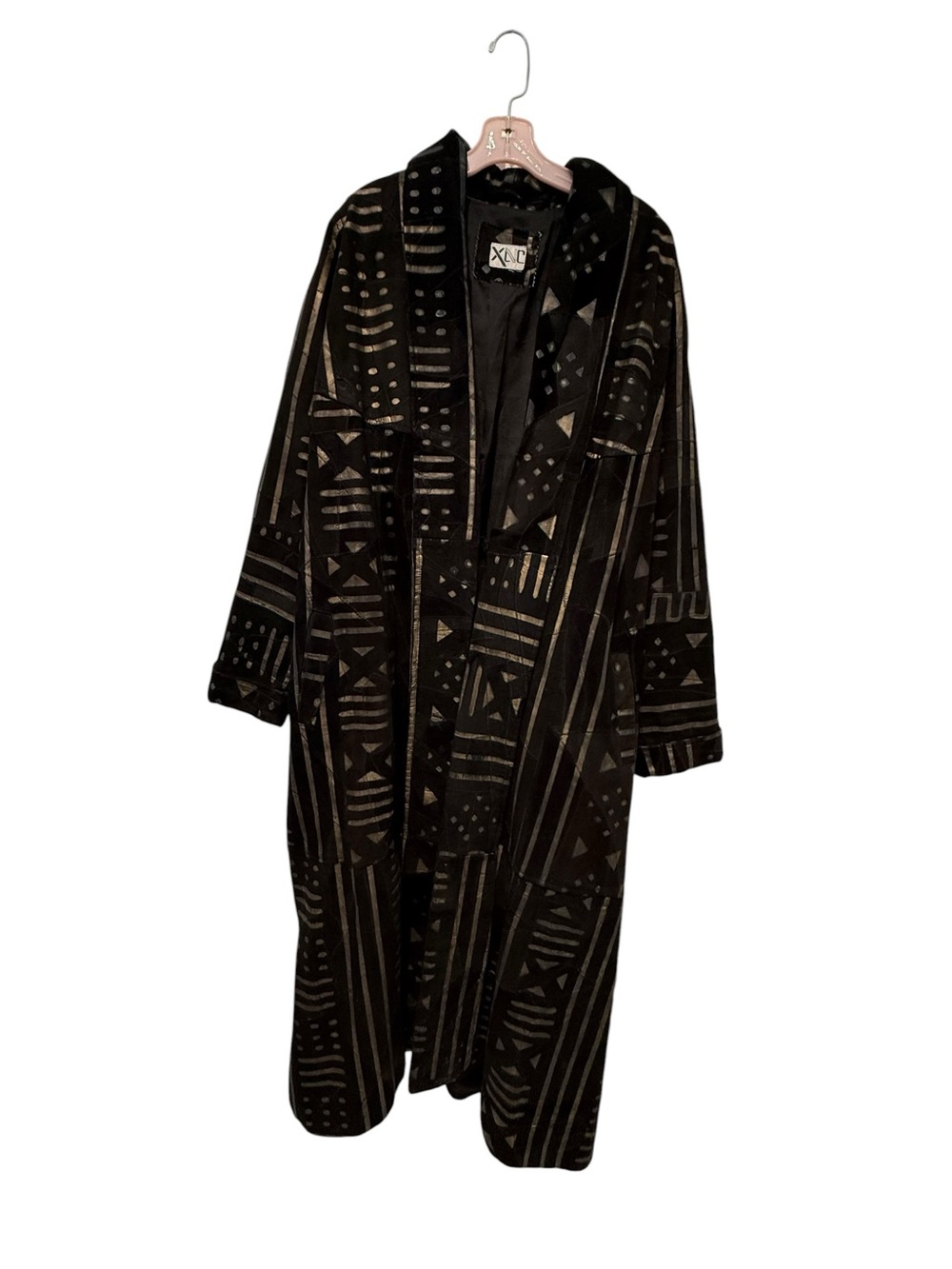 Vintage XLNC Mudcloth Print Leather Duster Coat Black Kimono Jacket XL - Picture 9 of 10